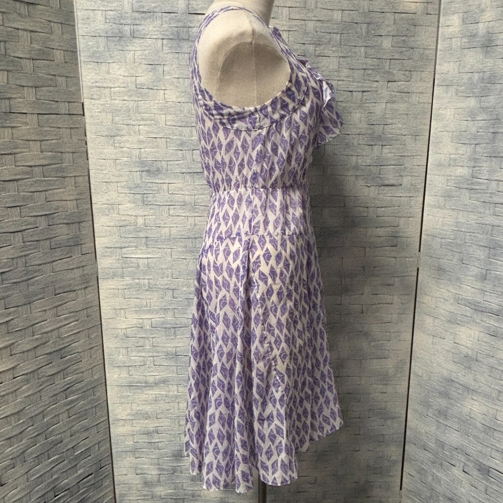 Meadow Rue A-Line Dress Womens 4 Sleeveless Ruffle Neck Purple Diamond Print - Picture 3 of 6